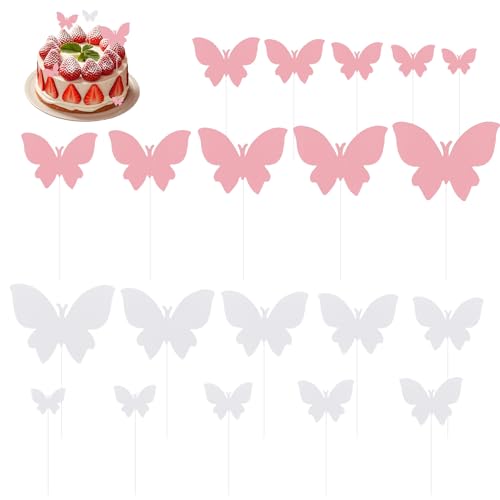 Verpakking van 100 decoratieve vlinders cake decoratie Papier Cake Decoratie Witte Roze Verjaardag Cake Decoratie met Sticks en Kleeftips voor het decoreren Cake verjaardag Party