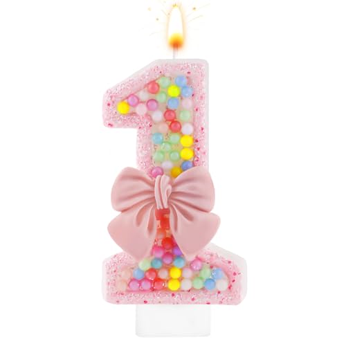 Roze Verjaardag Kaars nummer 1, 7.3cm Roze Bow 1e Verjaardag Cake Kaars Glitter Macaron Cake Topper voor meisjes Eerste verjaardag Anniversary Party Decoration