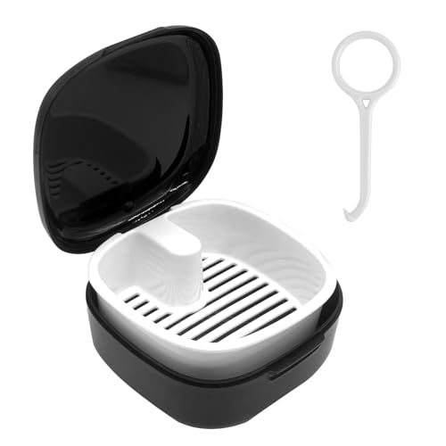 Tandheelkundige prothese houder, Portable Bracket Box met Strainer, Plastic Behoudapparaat Schoonmaak geval, Valse Tanden Container, met Aligner Removal Tool -Zwart