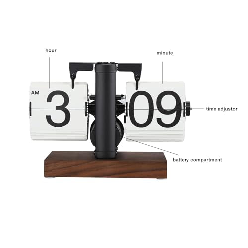 Grote gladde nummers en Retro Design Flip Clock met houten voetstuk digitale Flip Clock Automatic, Flip Up Clock Retro Flip Clock voor woonkamer, 12 uur (zwarte frame 4