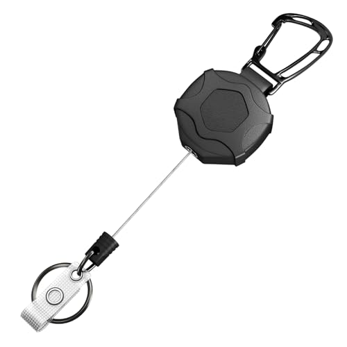 Set van 2 intrekbare sleutelhanger, Heavy Duty Reel Clips met 80cm uitschuifbare stalen kabel, Uitschuifbare Badge Rolls Keychain, Lanyard, Carabiner, ID Badge houder voor wandelen, klimmen,, zwart 5