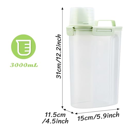 2 Food Containers, 3 Liter, Keuken Container met luchtdichte deksel, Meetbeker, Grote Plastic dozen, Voederdispenser voor katten en honden, Graanhouder voor Pasta, Graan, Meel, BPA Gratis