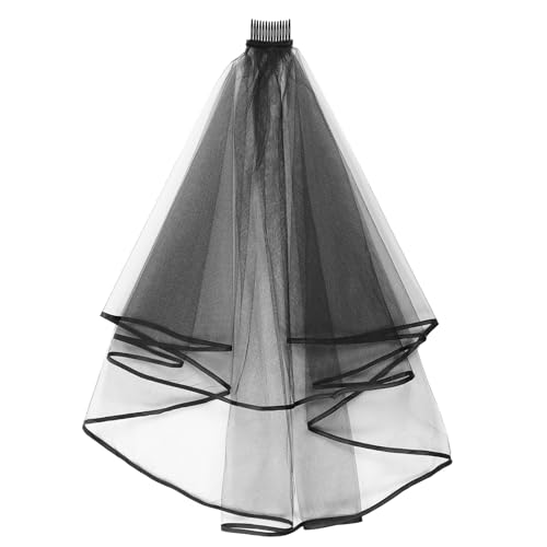 Bruidssluier Korte met Comb, 2 Stage Tulle Zwarte Halloween Witch Cosplay Elbow Lengte Ribbon Edge 60-80cm Zwarte korte bruiloft bruid Veil, zwart