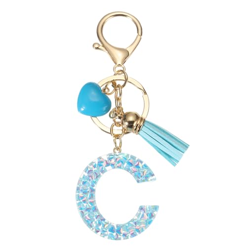Alfabet Initiële sleutelhanger Leuke hars sleutelhanger met Tassel hart brief C hanger voor vrouwen sleutels, portemonnee, zak accessoires, blauw, wit, 3cm