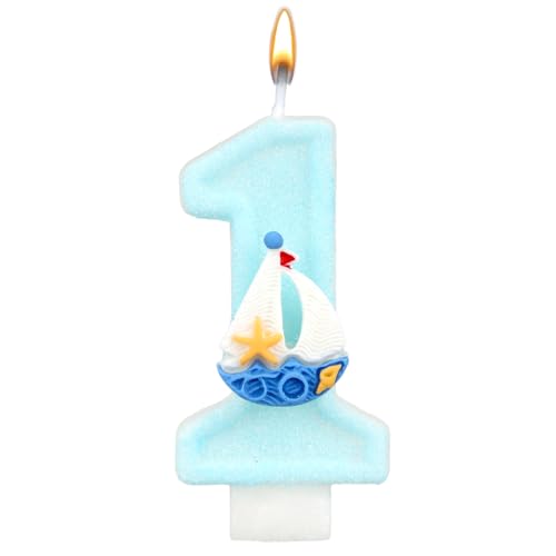 Thema Surfnummer 1 Verjaardagskaars, Blue Glitter Cake Topper voor jongens 1e verjaardag Ocean & Seaside Feestdecoratie Nautische Baby Douchebenodigdheden (Zeilboot)