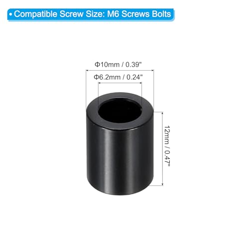 M6 Aluminium Spacers, 6Pcs Metaal Spacers Aluminium 6.2mm ID x 10mm OD x 12mm L Aluminium Spacer Schroef Standoff Ronde voor 1/4" of M6 Schroeven Bolts, Zwart