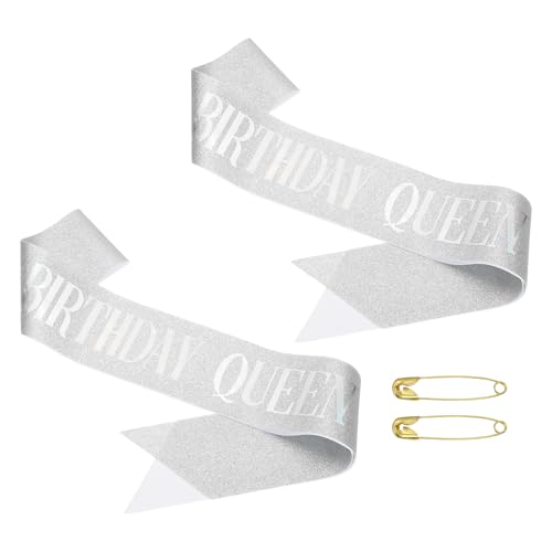 Verjaardag Meisjes Sash, 2 stuks Glitter Verjaardag Sash voor vrouwen Satin Queen Sash party decoraties met veiligheidsspeld voor feestgeschenken gunsten, Silver Fantasy