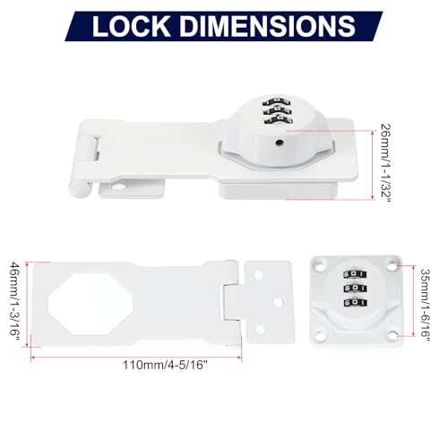 4.5 Inch Cabinet Password Hasp Lock, 2 stuks 3-digit 180 graden Barn Door Lock Security Combinatie Vergrendeling voor laden Kasten Kleine deuren, wit
