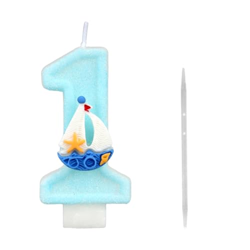 Thema Surfnummer 1 Verjaardagskaars, Blue Glitter Cake Topper voor jongens 1e verjaardag Ocean & Seaside Feestdecoratie Nautische Baby Douchebenodigdheden (Zeilboot) 3