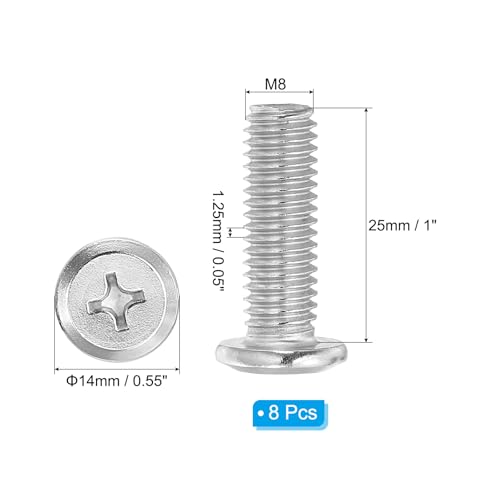 Lenskop Schroeven, Plat Pound Head, Phillips Schroeven, Pak van 8, M8-1.25x25 mm, Machine Schroeven, 304 roestvrij staal, 18-8, Volledige Thread Set voor Reparatie, Zilver