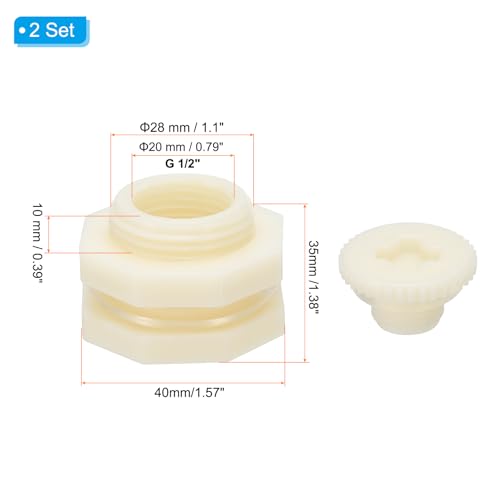 ABS Bulkhead Fitting G 1/2, 2 stuks Dubbele Threaded Bulkhead Water Tank Connector met PVC Seal Pakking voor regenemmer, wasbakken, aquaria, wit