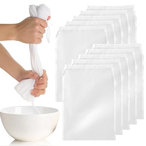10 st Nut melkzakken, Fine Mesh kaasdoek voor Straining koord Filter zakken 20x30cm Muslin Lakens voor het koken Herbruikbare Nylon Mesh voor Amandelmelk, Yogurt, Juice, Koffie
