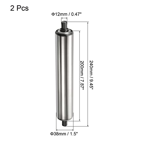 Transportroller 1,5" Diameter 8" Lengte, 2 Pack Roestvrij staal Zwaartekracht Transmissie Vervanging Part Gegalvaniseerd Einde, Silver
