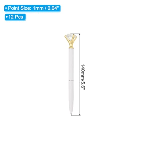 Balpen met zwarte inkt, 12 stuks kristallen diamant metalen pen 1,0 mm medium punt voor het maken van notaties, wit