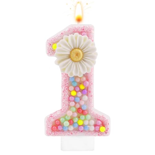 Roze verjaardag Kaars met Digital 1, 7.3cm Schattig Daisy Pastel Macaron Glossy Eerste verjaardag Kaars Een Cake Topper Decoratie voor meisjes Vrouwen Eerste verjaardagen Anniversary