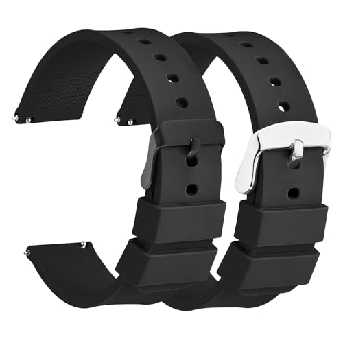 Pakket van 2 Siliconen horlogebandjes, 20mm Siliconen horlogebandjes met Quick Release Band, Siliconen horlogebandjes met Zwarte of Zilveren Roestvrij stalen riem