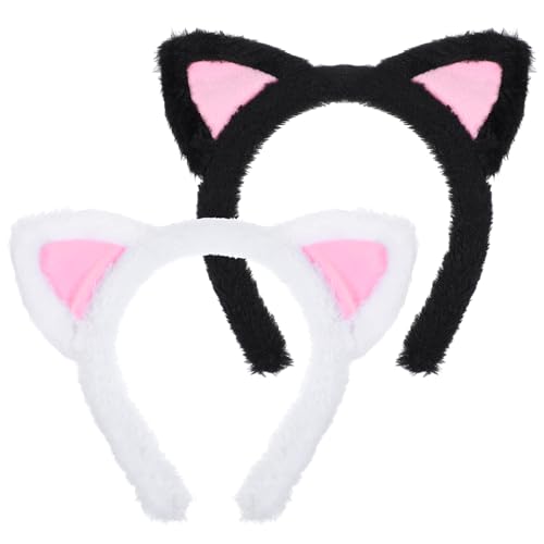 2PCS Kattenoorn hoofdbanden zwart & wit pluche zacht wasgezicht Kitten hoofdband, roze binnenoren Fuzzy make-up haarband accessoires voor masker huidverzorging spa Yoga volwassenen