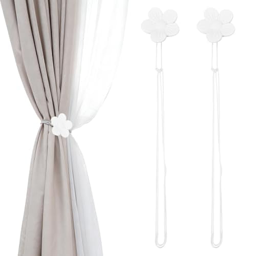 Magnetische gordijnbanden, 2 stuks Hars Bloemen Gordijn Bevestigingen, Vintage Gordijn Bevestiging Touw, Magnetisch Venster Gordijn Decoratief voor thuis, Cafe, Kantoor, Wit