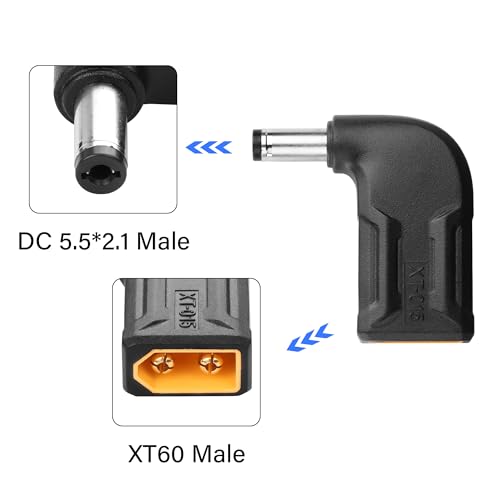 2 Pack XT60 naar DC5521 Adapter 90 Degree XT60 Man naar DC 5.5mm x 2.1mm Man Draadloos voor TS100 Soldeerijzer, FPV Monitor Voeding, drone (XT-015)