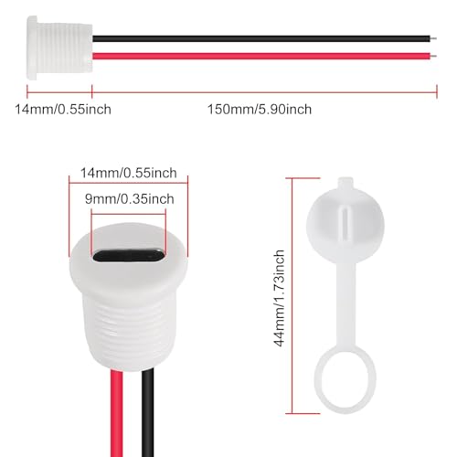 Verpakking van 10 USB C Socket, 5 V, 3 A, 2 Pin met stofhoesjes en Noten, 2-Wire USB C Solderen, Ingebouwde Socket met PD-functie, 150 mm, 24 AWG Wires, Wit 5