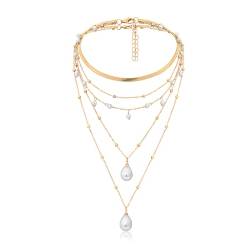 Multi Row Gold Pearl Ketting met hanger Choker Boho Gold Plated voor vrouwen Valentijnsdag Thanksgiving Gold, Goud