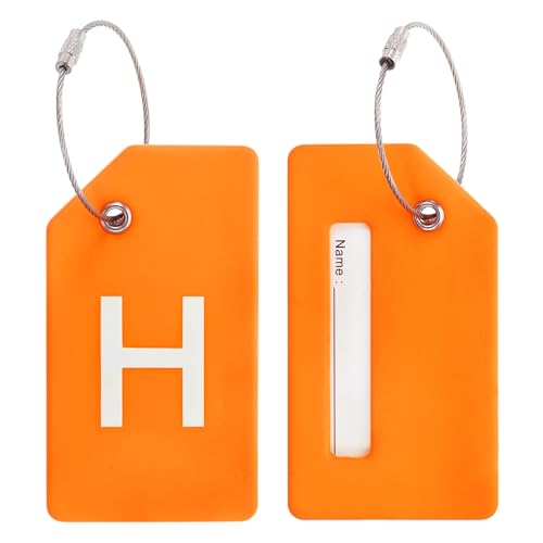Initial Bagage Tags, 2 stuks Siliconen geval Tag ID kaarthouder Unieke Bagage Naam Tags met roestvrij stalen lus, brief H, oranje