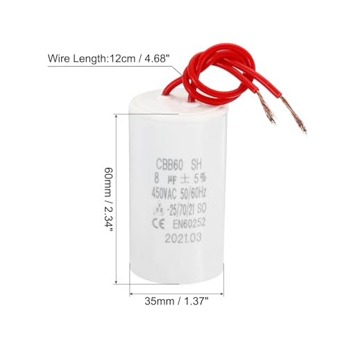 CBB60 8uF Power Capacitor, 1st AC 450V 50/60Hz Cilinderbodem met 2 Kabels 12cm voor Wasmachine, Waterpomp Motor Star