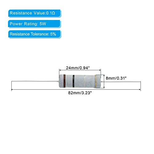 5 Watt 0,1 Ohm Carbon Film Resistor, 10 stuks 5% Tolerantie Axiale Rim Kleurrijk voor DIY projecten en experimenten