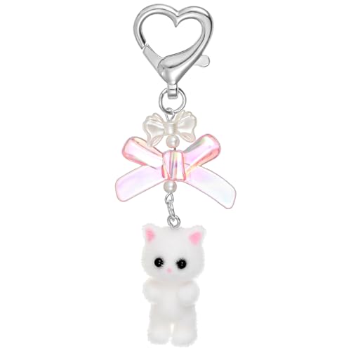 Fuzzy Cat Keychain Leuke witte sleutelhanger esthetische Y2k Kitty Kat Stuff Decor Kawaii Heart Bow Hangen Sleutelhanger tas portemonnee Charm Grappige geschenken voor kattenliefhebbers vrouwen, wit