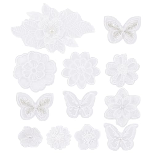 12 stuks borduurwerk Vlinder naaiijzer op patch, bloem Organza Patches Appliqué voor bruiloft bruiloft jurk Naaien Craft DIY kleding haar ornamenten, wit