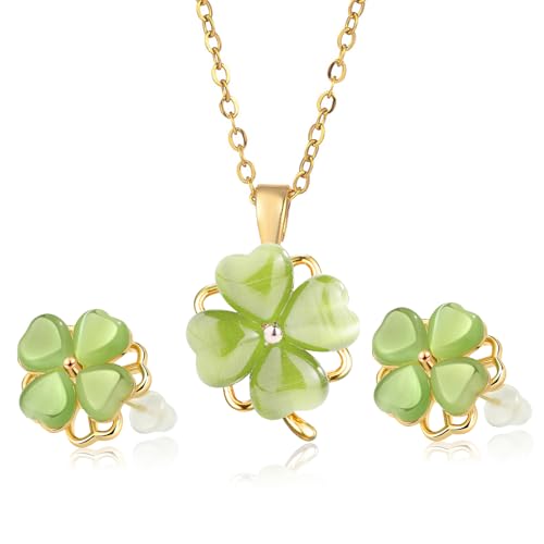 vier klaver sieraden set, groene klaver vier ketting oorbellen set twist klaver ketting en oorbellen set voor vrouwen moeder dochter, een maat, Titanium staal, Geen edelsteen, One Size, titanium