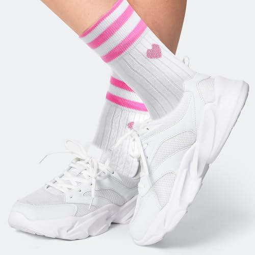 1 paar witte sokken vrouwen 36-43, katoen witte retro tennis tennissokken met harten, ademende katoenen sokken meisjes, tieners (roze), roze 3