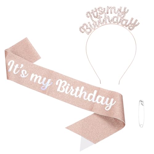 It's My Birthday sjerp met hoofdband, verjaardag sjerp tiara voor vrouwen feest kroon verjaardag koningin decoratie kit accessoires, roségoud
