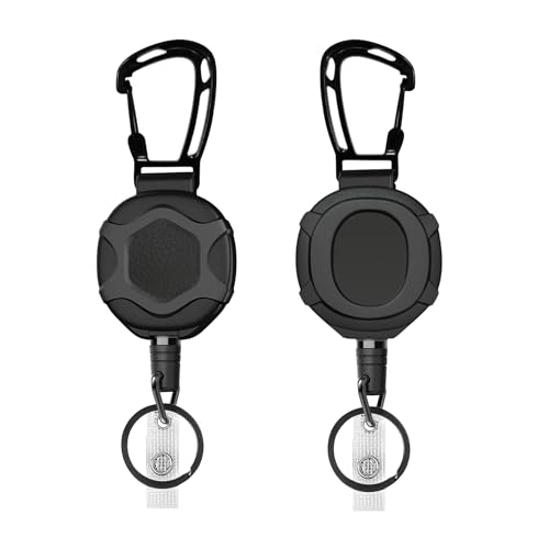 Set van 2 intrekbare sleutelhanger, Heavy Duty Reel Clips met 80cm uitschuifbare stalen kabel, Uitschuifbare Badge Rolls Keychain, Lanyard, Carabiner, ID Badge houder voor wandelen, klimmen,, zwart