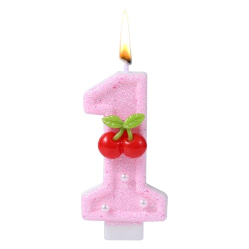 1e verjaardagskaars, Shiny Pink Number Candle Cute Cake Topper voor meisjes vrouwen eerste verjaardag decoratie verjaardag (Cherry B)