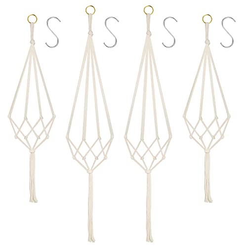 Verpakking van 4 katoen Touw Macrame Plant Hangers met metalen Ring Tassels voor binnen en buiten decoratie, 2 x 80 cm + 2 x 100 cm, met 4 S haken