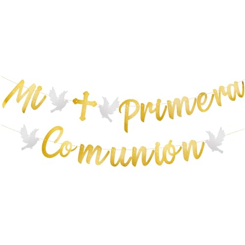 Mi Primera Comunion Banner, Gold Glitter Paper Banner Pull Flag Mi Primera Comunion Decoraties voor Spaanse Communie Religieuze Partij Doop Partij Supplies (Pre-strund)