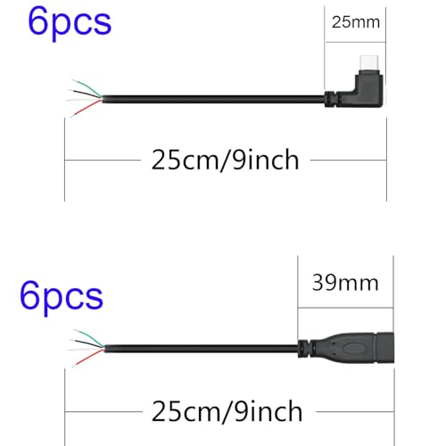 12 st Pigtail USB C, 4 USB-kabels, Bare Wire, 90 degree USB C, mannelijke en vrouwelijke bare Wire, USB C-kabel naar kale kabel, 28 AWG DIY Pigtail Power Cord (30 cm)