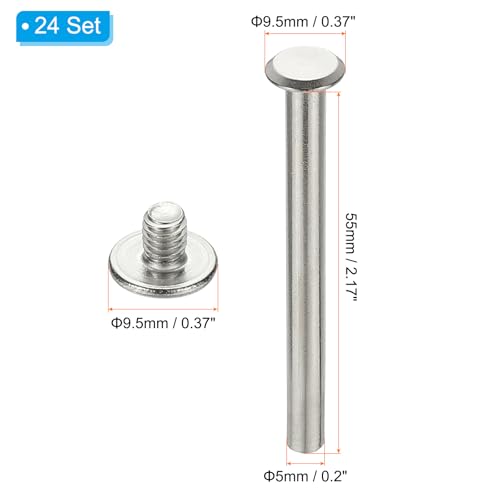 24 Sets Chicago Schroeven, 5x55mm(DxH) Chicago Schroeft Phillips Bindende Post Schroef Bolts Lederen Rivets 304 Roestvrij staal voor lederen riem Scrapbook Fotoalbums, Zilver