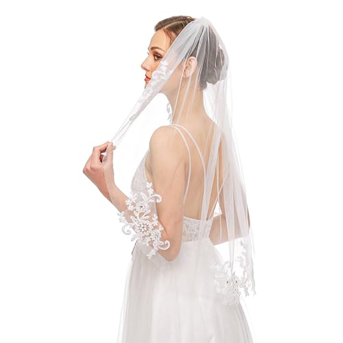 Korte bruiloft Veil met Rhinestone Diaper, Elegant bruidssluier met Comb Elbow lengte bruiloft Veil Floral borduren Veil voor vrouwen bruiloft accessoires partij apart partij,Witte,Een, Wit 3