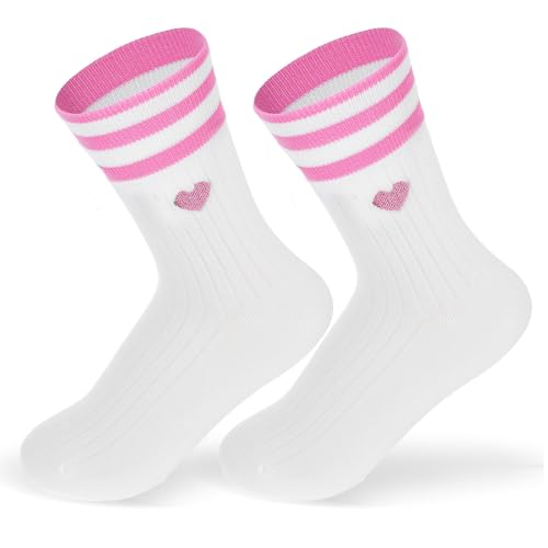 1 paar witte sokken vrouwen 36-43, katoen witte retro tennis tennissokken met harten, ademende katoenen sokken meisjes, tieners (roze), roze