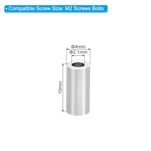 M2 aluminium afstandhouders, verpakking van 10 metalen afstandhouders, aluminium afstandhouders, 2.1 mm, ID x 4 mm OD x 10 mm L, aluminium afstandhouders met afzonderlijke schroef, rond, voor schroeven M2