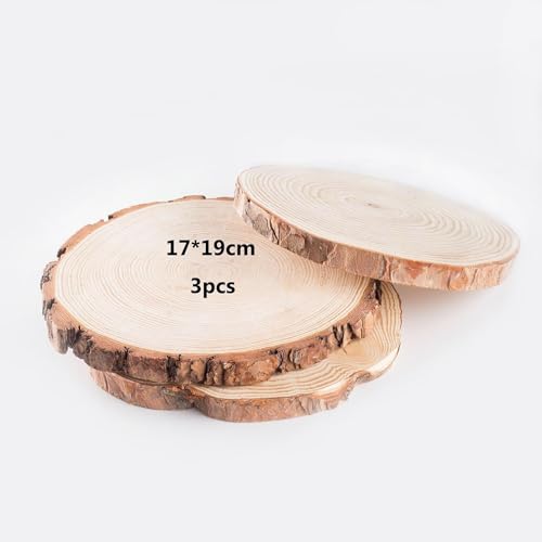 Verpakking van 3 natuurlijke ronde houten schijven voor ambachten, 17-19 cm, Onbehandelde Tree Disc, Geen gat, Ronde natuurlijke houten schijven voor DIY ambachten, bruiloft, middenstukken