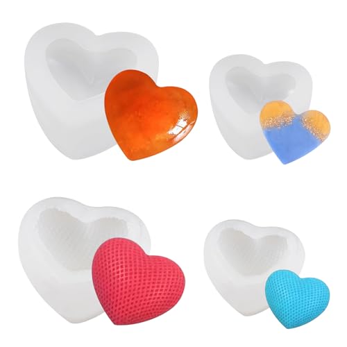 4 st. Silicone Heart Candle Mold, 3D Love Heart Mold Silicone Mold, Heart Resin Molds 3D Heart Resin Mold Candle, Silicone Molds Casting Molds Heart for Soap Cake Decoration