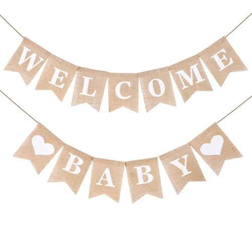 Vintage linnen Welkom Baby Banner, Rustieke linnen brieven, Pennant Garland, Welkom Baby Banner, Home Decor voor thuis, feest, receptie, Baby Douche, Bunting met 13 stuks vlaggen 4