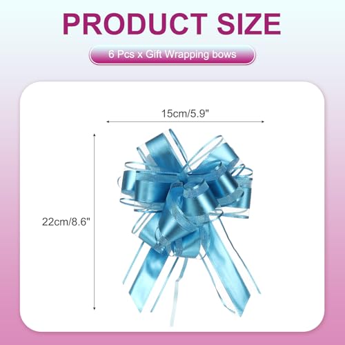 6 stuks Grote Pull Bow Cadeau Verpakking Doos, 22,5cm Ribbon Organza Lake Blue Bows voor Cadeauverpakking, Bruiloft manden Auto