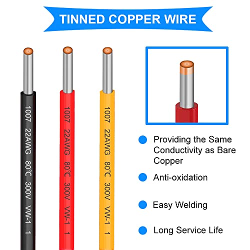 22 AWG Connection Cable Kit, 22 Gauge Elektrische Kabel, 300V, PVC isolatie, Vertind koper, massief draad, 3 kleuren (zwart, rood, geel), 7 Meters per kabel Assortiment voor DIY 3