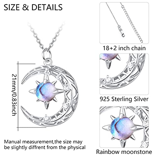 Eomsky Moonstone ketting, Moon Star ketting, dames 925 sterling zilver met blauw / roze, maan hanger, ketting, sieraden voor vrouwen en meisjes, sterling zilver, maansteen