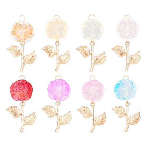 16 st. Rose Charms Transparante kleurrijke acryl & legering bloem hangers kleurrijke rozenkrans met gouden bladbloesem Charms voor DIY ketting oorbellen sieraden maken, acryl, acryl