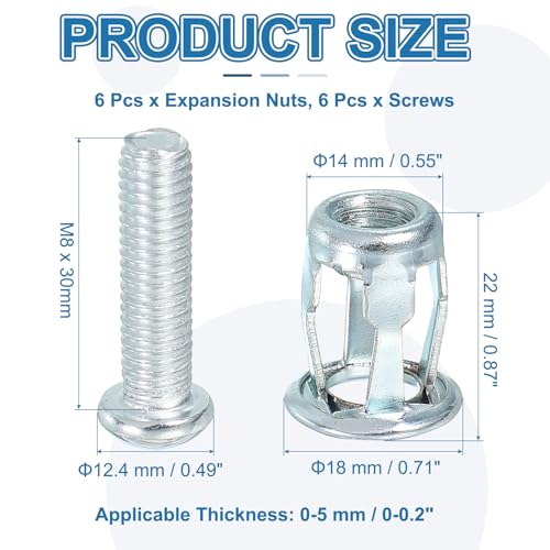 Uitbreiding Schroefmoeren M8 x 30 mm, 6 stuks Jack Nut Petal Shape Rivet Noten Plug-in Noten bevestigende elementen met schroeven Montage voor Holle Muur Dun